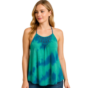 Free People Tie-Dye Halter Top With Open Back, Green and Blue, Women’s Small